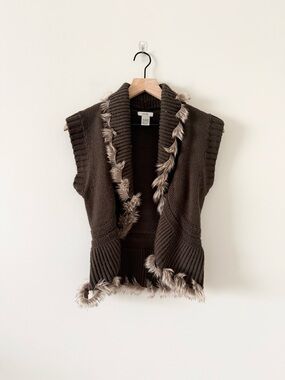 Cache Vintage Brown Faux-Fur Trim Sleeveless Knit Cardigan Vest Size XS